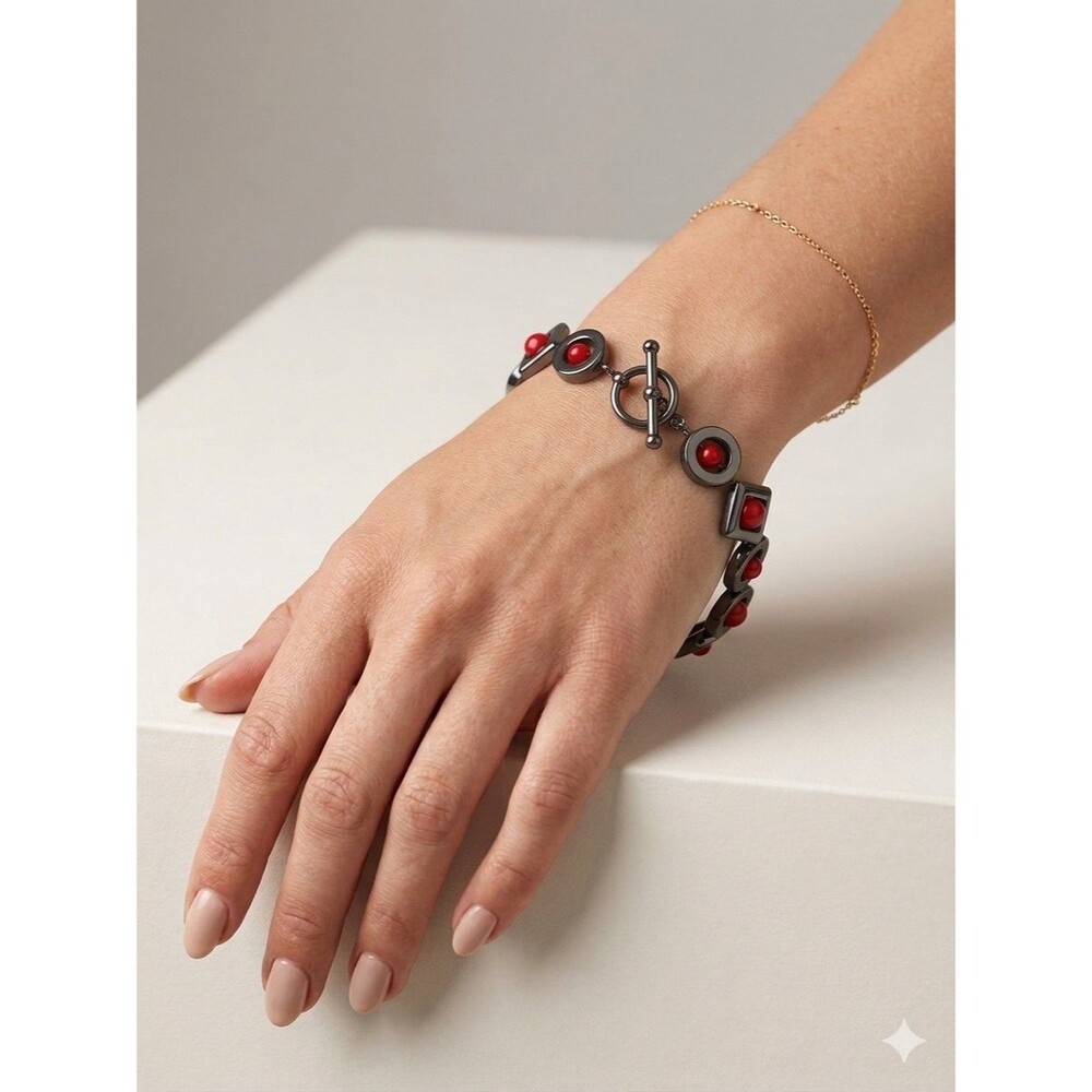 Vintage 1980s Hematite & Red Bead Geometric Bracelet 9"